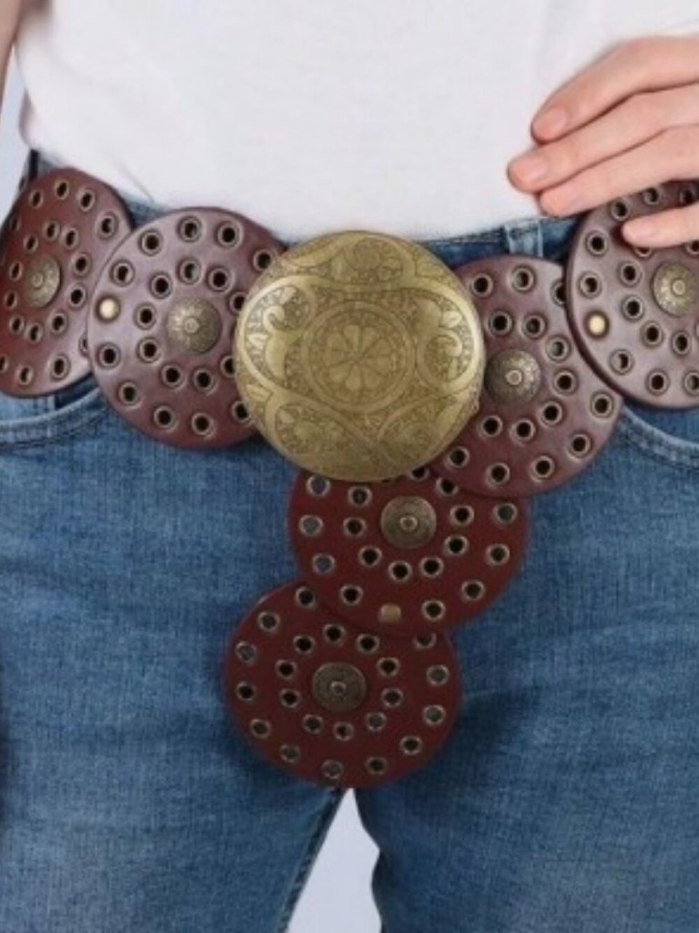 Women's Black Boho Concho faux leather belt featuring a western-style disc desig